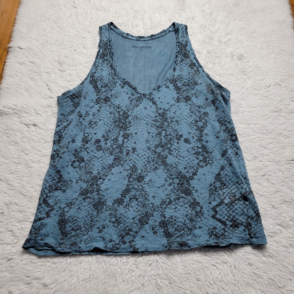 Zadig & Voltaire Linen Tank Top Women's XS Blue Floral Print Sleeveless